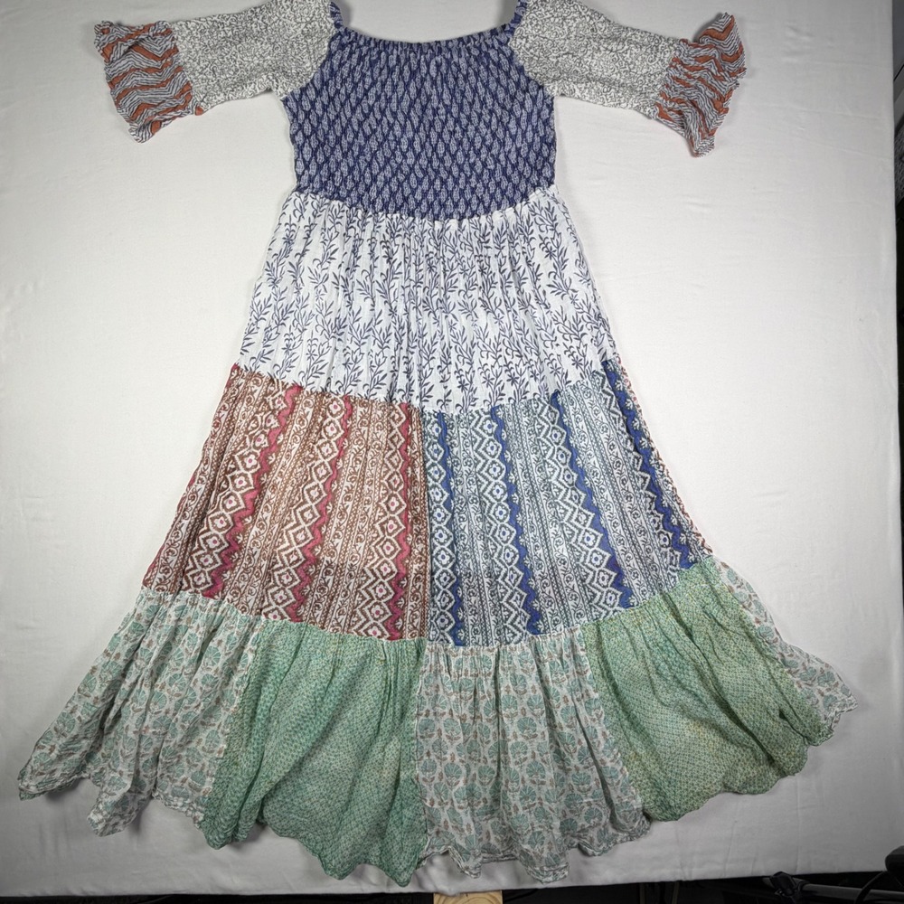 Mena Cinque Maxi Dress Boho Smocked Tiered Patchwork Cottagecore Flowy Peasant